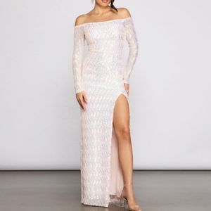 Formal Off The Shoulder Iridescent Sequin Dress
